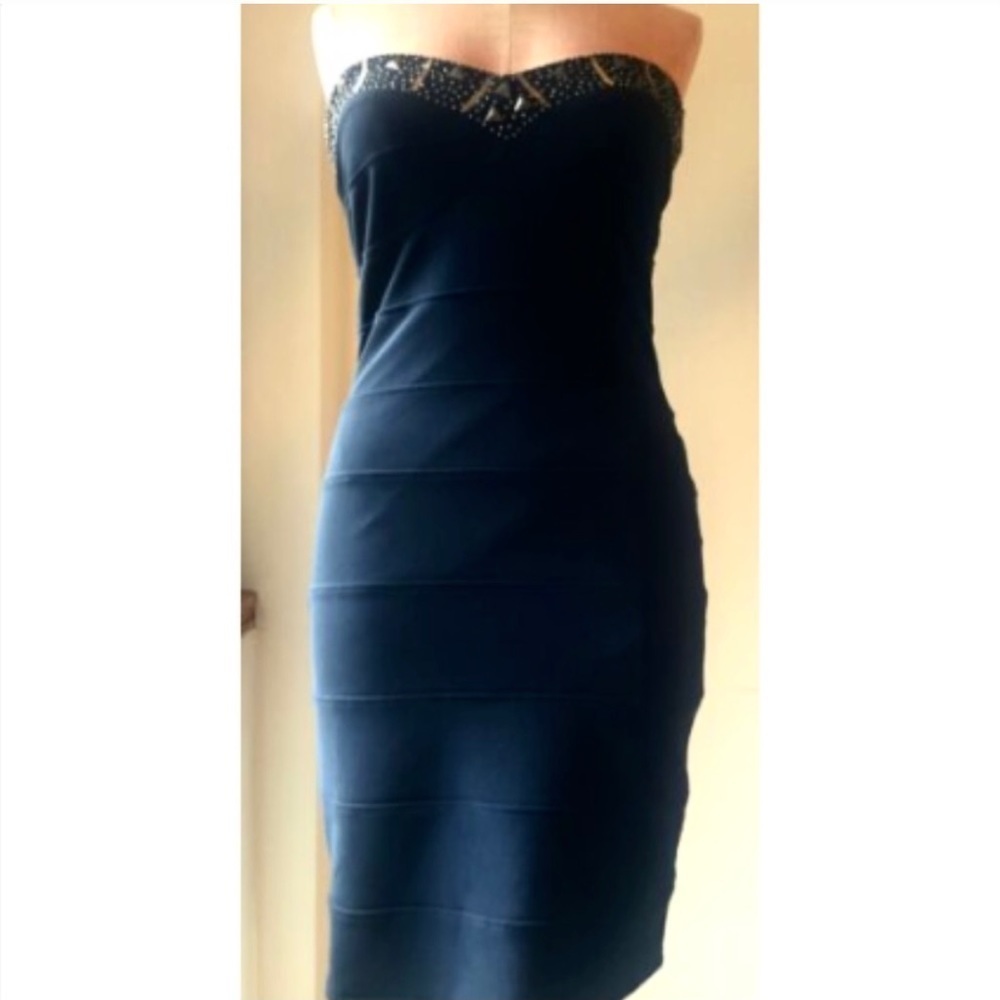 UMGEE U.S.A. Strapless Dress, Sweetheart Neckline, 90s Grunge Beaded Bias, navy